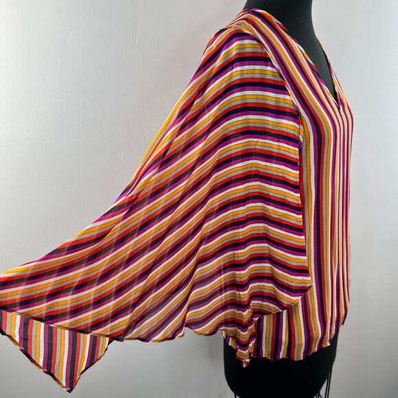 TRINA TURK Los Angeles Blouse Multi Stripe Printed Rayon Rib V-Neck Size S Small - Picture 6 of 9